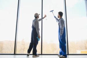 multiethnic professional cleaners in uniform washing large windows in office
